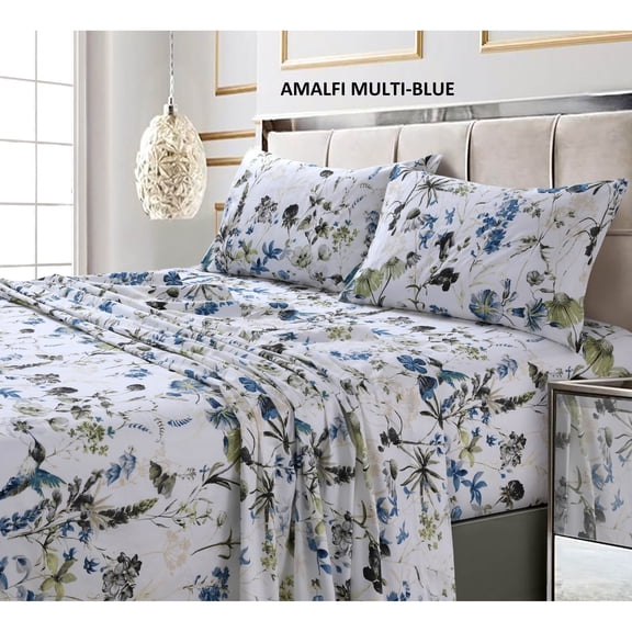 Tribeca Living 300 Thread Count Cotton Ultra-soft Printed Deep Pocket Bed Sheet Set amalfi blue-multi King Floral Country