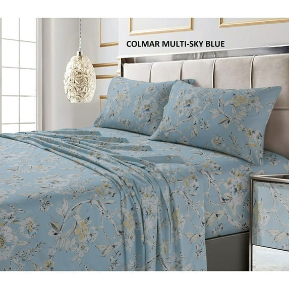 Tribeca Living 300 Thread Count Cotton Ultra-soft Printed Deep Pocket Bed Sheet Set colmar sky-multi Queen Floral Traditional