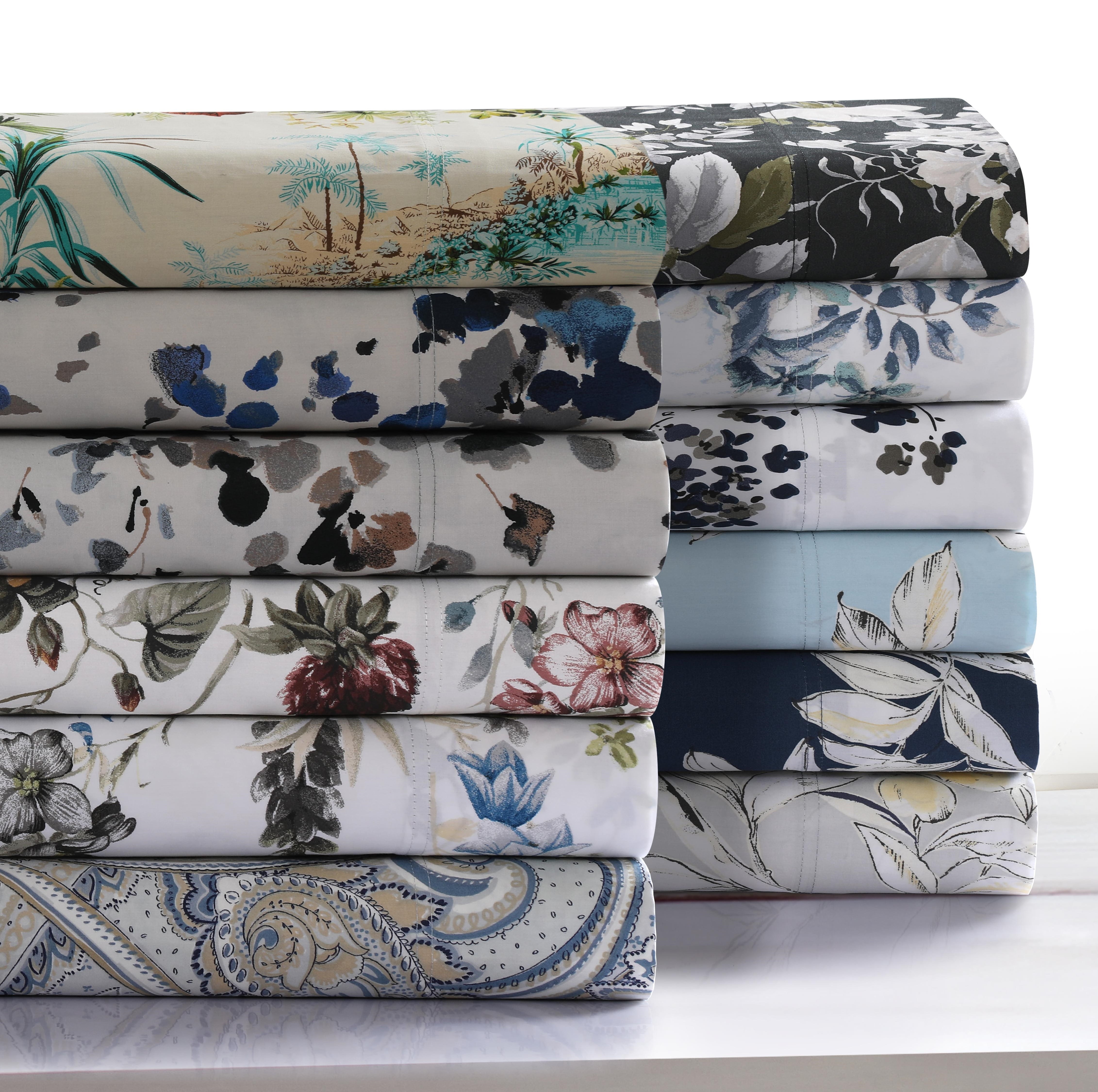 Twin XL Gray Cotton Floral Print Deep Pocket Sheet Set