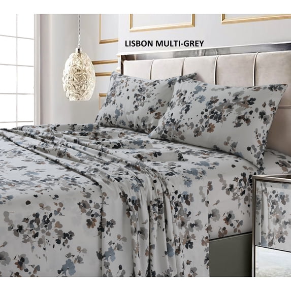 Tribeca Living 300 Thread Count Cotton Ultra-soft Printed Deep Pocket Bed Sheet Set lisbon grey-multi King Botanical Modern & Contemporary