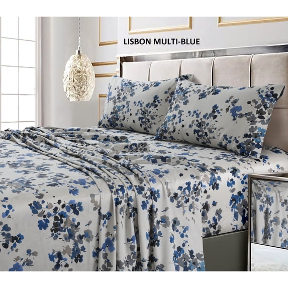 Tribeca Living 300 Thread Count Cotton Ultra-soft Printed Deep Pocket Bed Sheet Set lisbon blue-multi Queen Botanical Modern & Contemporary