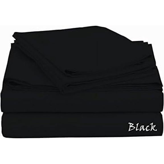 300 Thread Count Luxury Hotel Sateen - Queen Size - SOLID COLORS Sheet Set - 4 Pieces - { Black } Easily Fit Pocket 22" Inches By KM LINEN