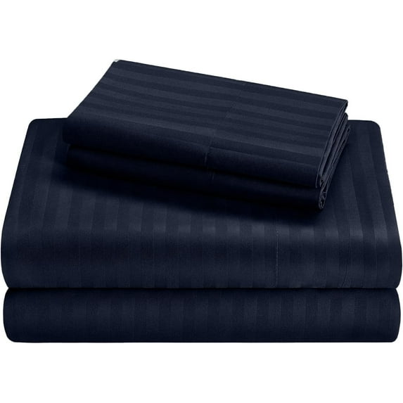 300 Thread Count Sheet Set 4 Piece - Extra Soft 100% Egyptian Cotton 16" Deep Pockets Sheets, Luxury Bed Sheets, Long Staple & Machine Washable Cooling Sheets - Navy Blue Stripe, Full Size.