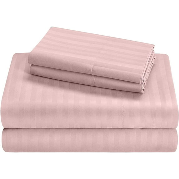300 Thread Count Sheet Set 4 Piece - Extra Soft 100% Egyptian Cotton 18" Deep Pockets Sheets, Luxury Bed Sheets, Long Staple & Machine Washable Cooling Sheets - Pink Stripe, Full Size.
