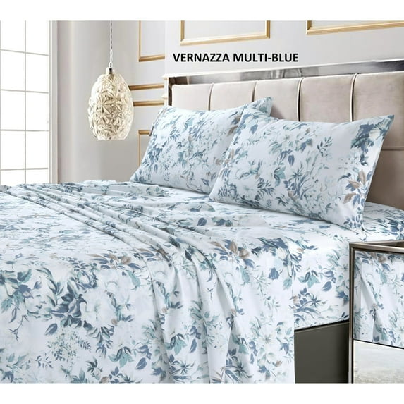 Tribeca Living VERN4PSSQUBL Extra Deep Pocket Sheet Set, Queen, Vernazza Blue/Multi Queen Vernazza Blue/Multi