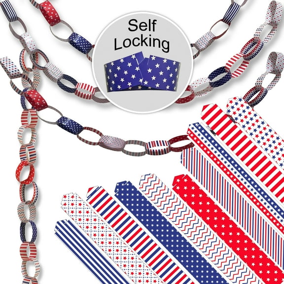 300 USA-Themed Paper Chain Strips for Crafting. No Glue or Tape Needed. Kid Friendly & Family Fun. 10 Stars-and-Stripes Patterns. Over 50 Feet of Paper Chains for Party Decorations