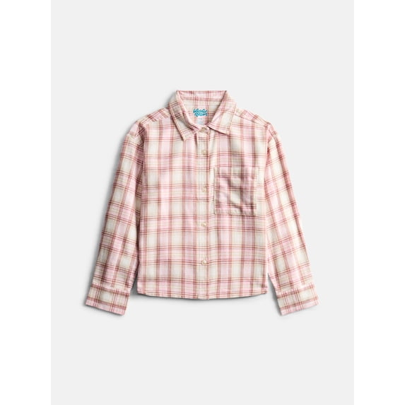 Wonder Nation Girls' Cotton Flannel Shirt with Long Sleeves, Sizes 4/5-18 & Plus