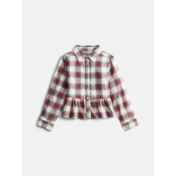 Wonder Nation Girls' Cotton Flannel Shirt with Peplum Hem, Sizes 4/5-18 & Plus