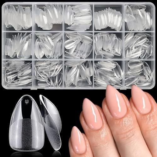 300 count Almond Gel Tips Short Nails for Press Nails Clear Nails Tip, 15 Size Full Cover Tips Almond Soft Gel Tip False Nails Extension Artificial Fingernail-E