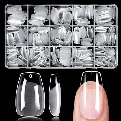 300 count Short Coffin Gel Tips Clear , Clear Press Nails Short Coffin Soft Gel Tips Ballerina Nails Full Cover False Artificial Fingernail for Extensions 15 Sizes