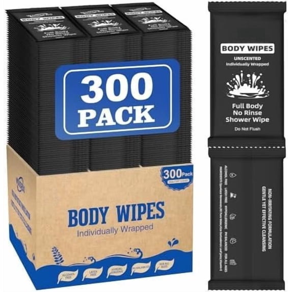 300 count Ultra Thick Soft Large Wipes Individually Wrapped(7.87" x 9.45"),Shower Wipes for Adults Bathing No Rinse,Personal Cleansing Wipes for Travel Gym,Bulk Deodorant for Homeless.