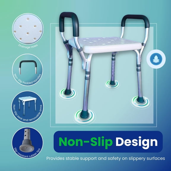 300 lb Capacity Adjustable Bath Seat – On Sale, Shower Bench with Arms, Lightweight & Comfortable, Padded Handles, White Plastic with Drainage Holes, Ideal for Elderly & Disabled