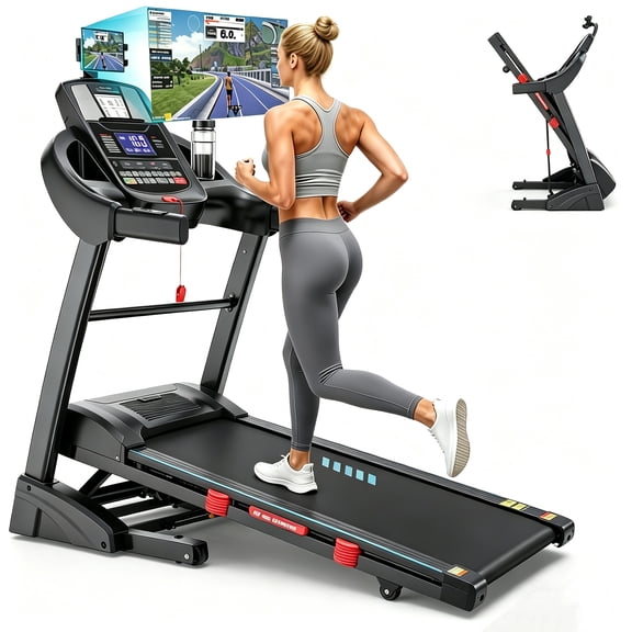 300 lbs Portable Folding Treadmill, 5 HP Foldable Compact Treadmill for Home&Office, Walking Running Treadmill with LCD Display, Treadmill with 20% Incline, 71 Programs, Bluetooth Speakers, 12MPH