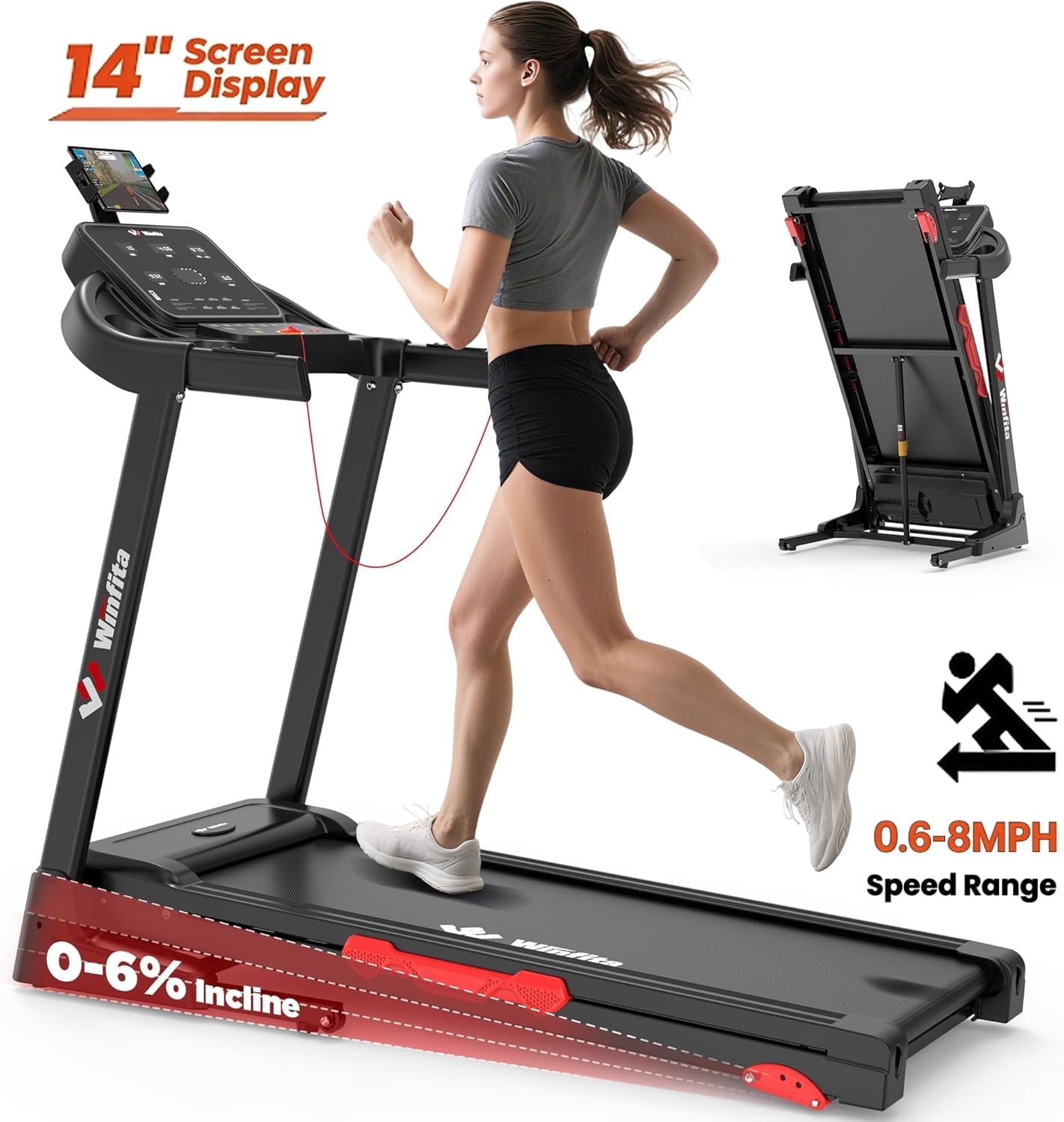 Winfita Treadmill 300 LB Capacity with 14-inch Screen, Foldable Incline Waliking Machine, 3.5 HP Quiet Motor, Smart Handrail, Real-Time Display