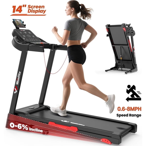 Winfita Treadmill 300 LB Capacity with 14-inch Screen, Foldable Incline Waliking Machine, 3.5 HP Quiet Motor, Smart Handrail, Real-Time Display