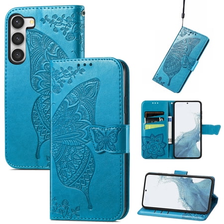 Allytech Samsung Galaxy S24 FE Flip Wallet Case, Luxury PU Leather [Butterfly & Flower Embossed] Magnetic Clasp Stand Case Built-in Card Slots & Cash Pocket, Shockproof Wrist Strap Case, Blue