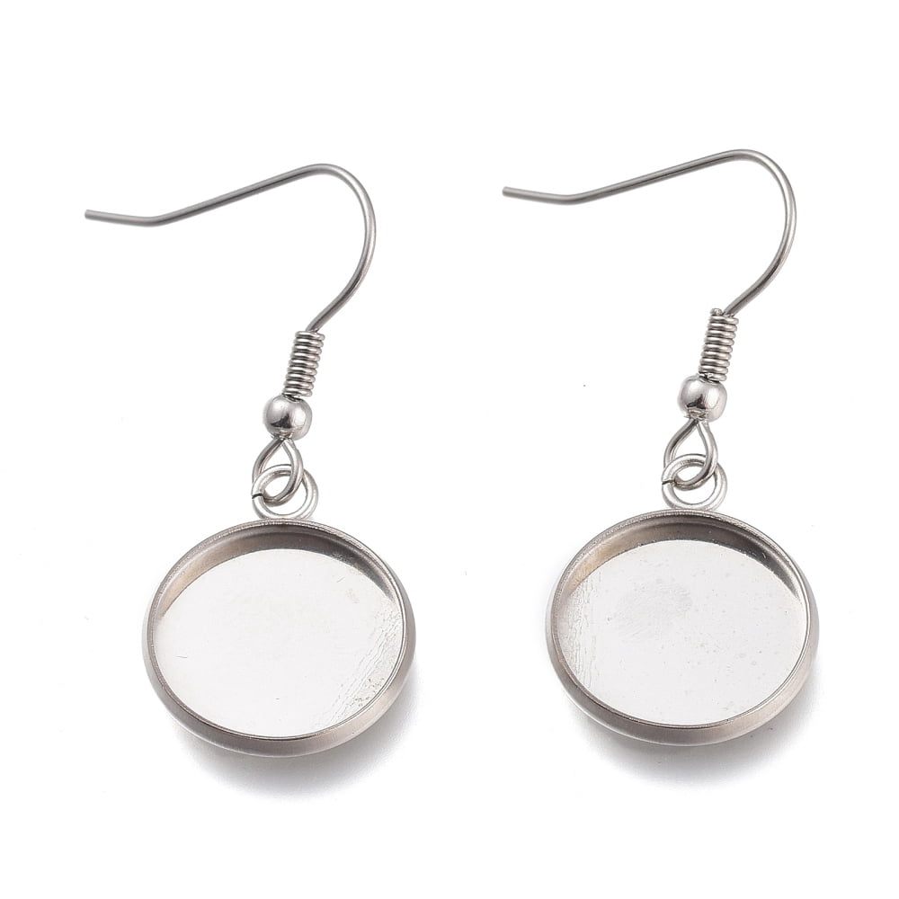 300 pc Tarnish Resistant 304 Stainless Steel Earring Hooks with Blank Pendant Trays Flat Round Setting for Cabochon Stainless Steel color 37mm Tray: 14mm 20 Gauge Pin: 0.8mm