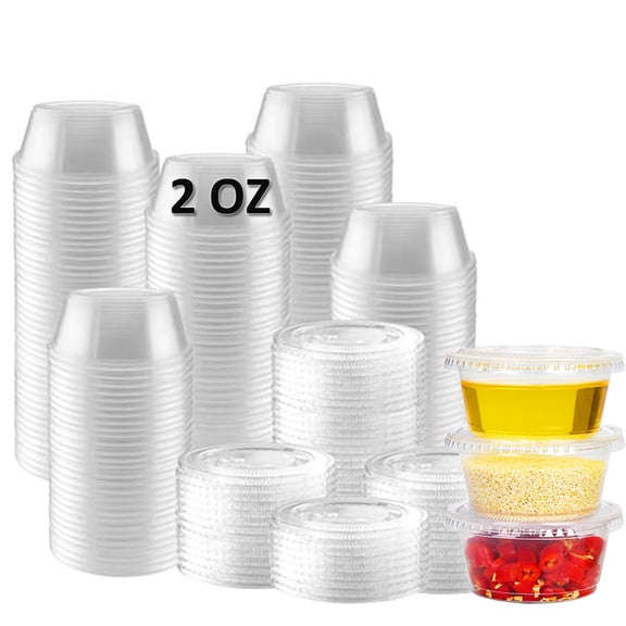 300 pcs - 2 oz disposable plastic cup with lid, small plastic condiment container for sauce, 2 oz jelly cup, souffl cup