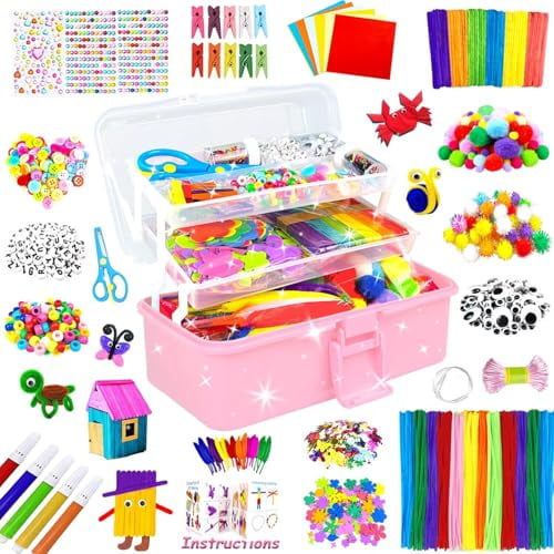 3000 Arts and Crafts Supplies for Kids Craft Kit All in 3 Layered Craft Box with Pipe Cleaners Crafts for Kids Age 4-6,6-8,8-12 DIY School Supplies Materials Set Toys Gifts for Girls Boys,Pink