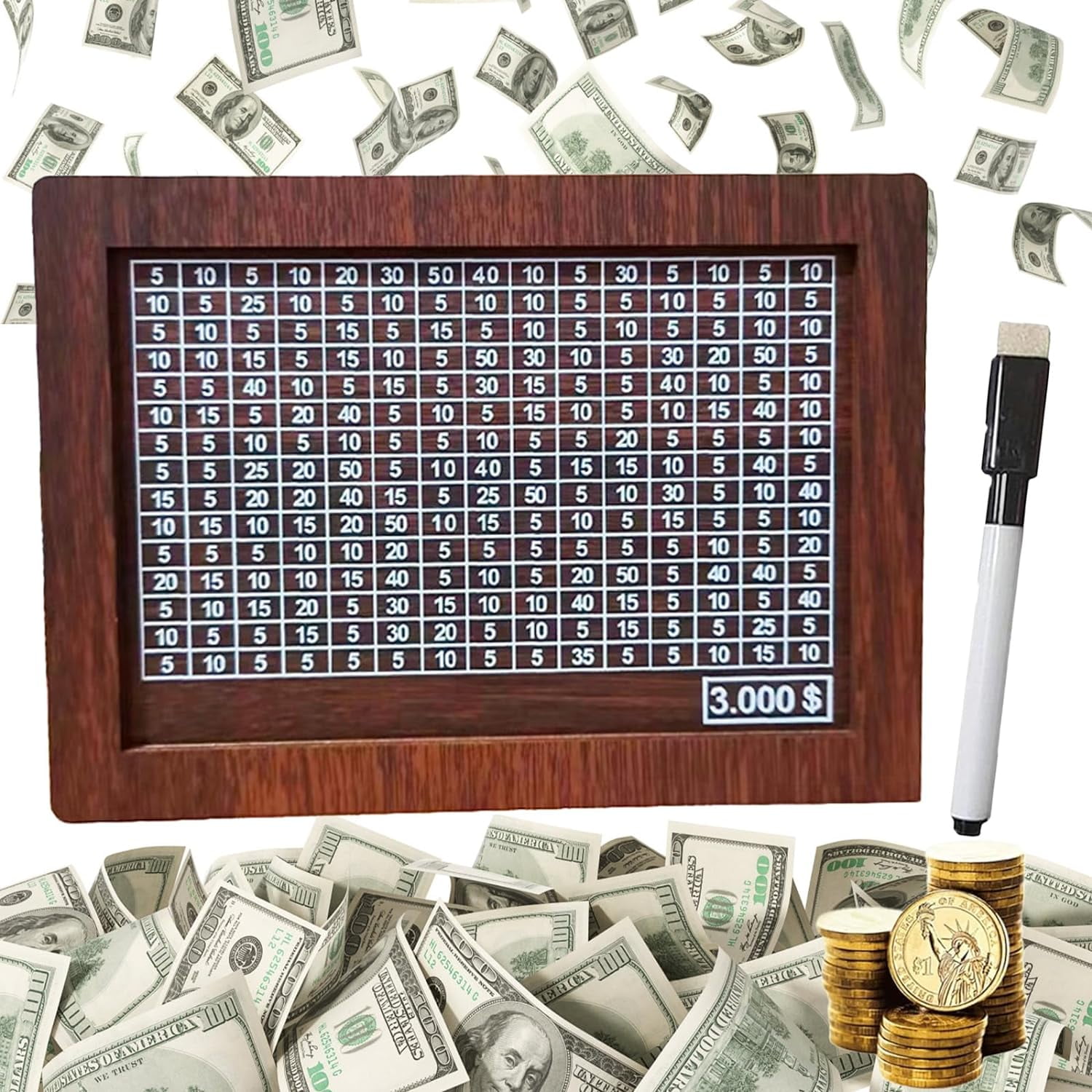 10000 Cash Vault Wooden Savings Box Cash Saver Box Wooden Cash Saver Money Box Money Saving Box Piggy Bank for Adults Wooden Money Box with Money Target and Numbers Dark Brown