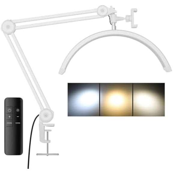 3000 Lm Adjustable LED Half Moon Light with Clamp & Task Lamp - Bright, Dimmable Lighting for Office, Crafts, Nails &Salon, Remote Control (CCTWhite)