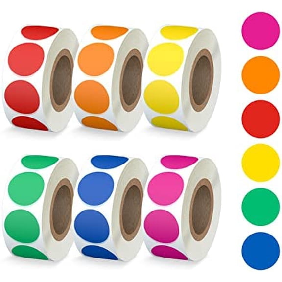 3000 PCS 3/4" Round Color Coding Circle Dot Labels Includes Bright Yellow Green Red Pink Orange Blue(6 Rolls,500 Labels/Roll)