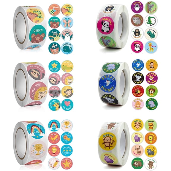 3000 PCS Reward Stickers for Teachers Cartoon Animals Stickers Fun Stickers Reward Stickers for Teacher Encourage Student Round Reward Sticker for Kid (1 Inch, 6 Rolls, 500 Labels/Roll)