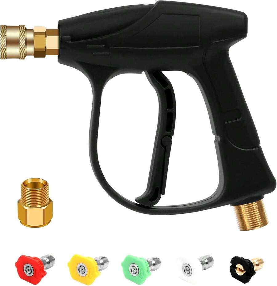 3000 PSI High Power Washer Spray Gun, Pressure Washer Short Gun, Pressure Washer Handle With 5 Color Quick Connect Nozzles M22 Hose Connector 3.0 TIP For Foam Cannon Gun Car Wash