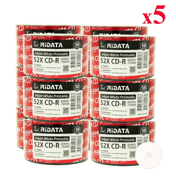 3000 Pack Ridata CD-R 52X 700MB 80Min White Inkjet Hub Printable Blank Media Recordable Disc
