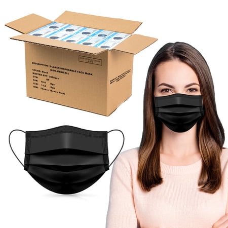 3000 Pcs Disposable Face Mask Adults Face Mask 3Ply Black with Ear Loop