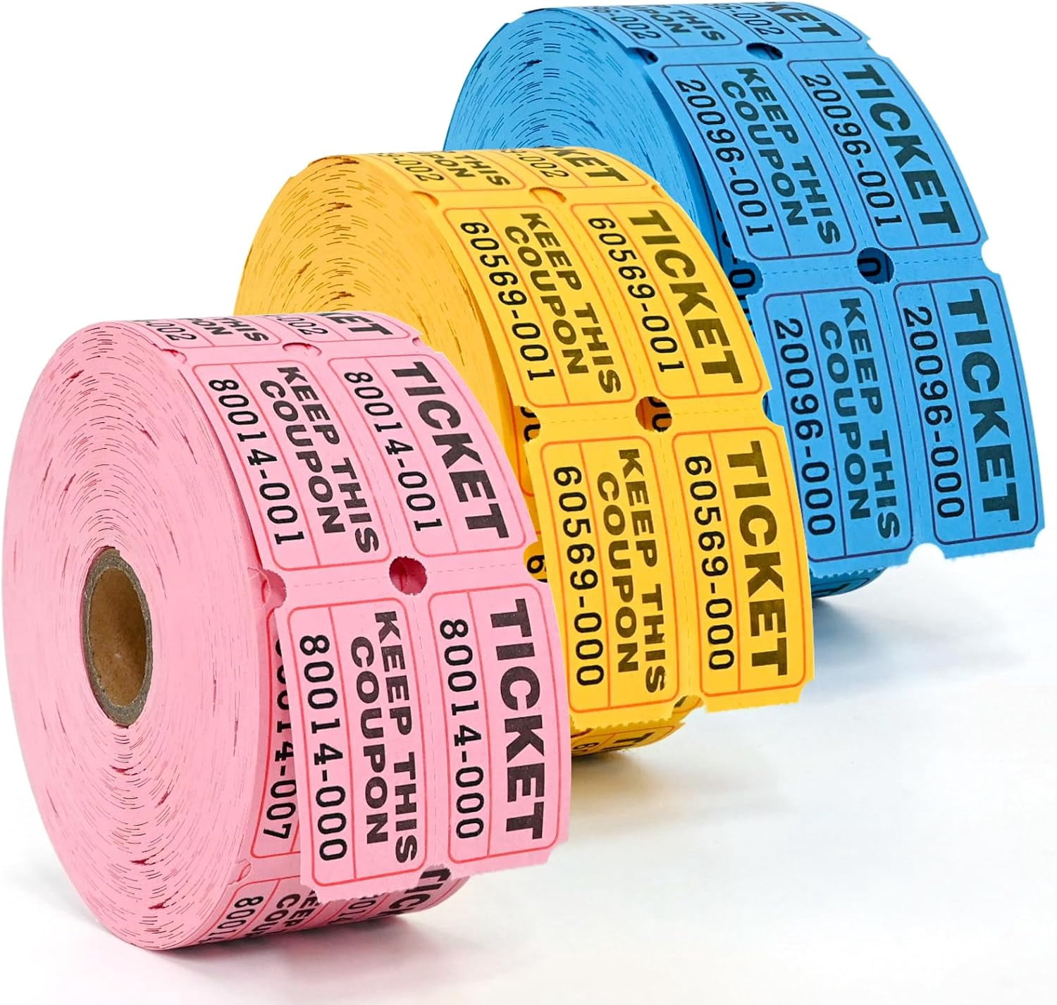 3000 Pcs Raffle Tickets - 3 Color Set of 1000 Pcs 2" x 2" Double Roll Consecutively Numbered 50/50 Tickets for Events& Door Prize- Blue/Yellow/Pink