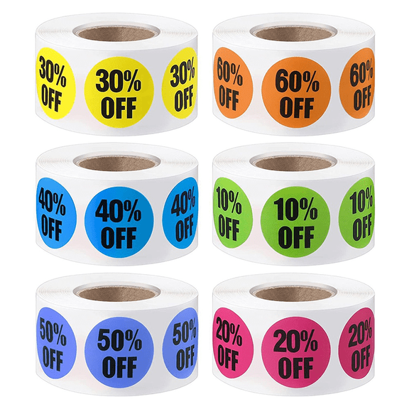 3000 Pieces Percent Off Sticker 10 to 60 Stickers Labels Adhesive Sale for Retail Store,1 Inch,6 Rolls