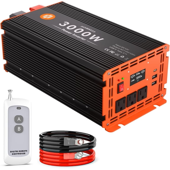 3000 Wat Inverter 12V DC to 110V/120V AC Converter Peak Power 6000W Car with LCD Display 3 Outlets, 2 USB & Type-C Port for RV,Truck,Off-Grid Solar System Remote Controller
