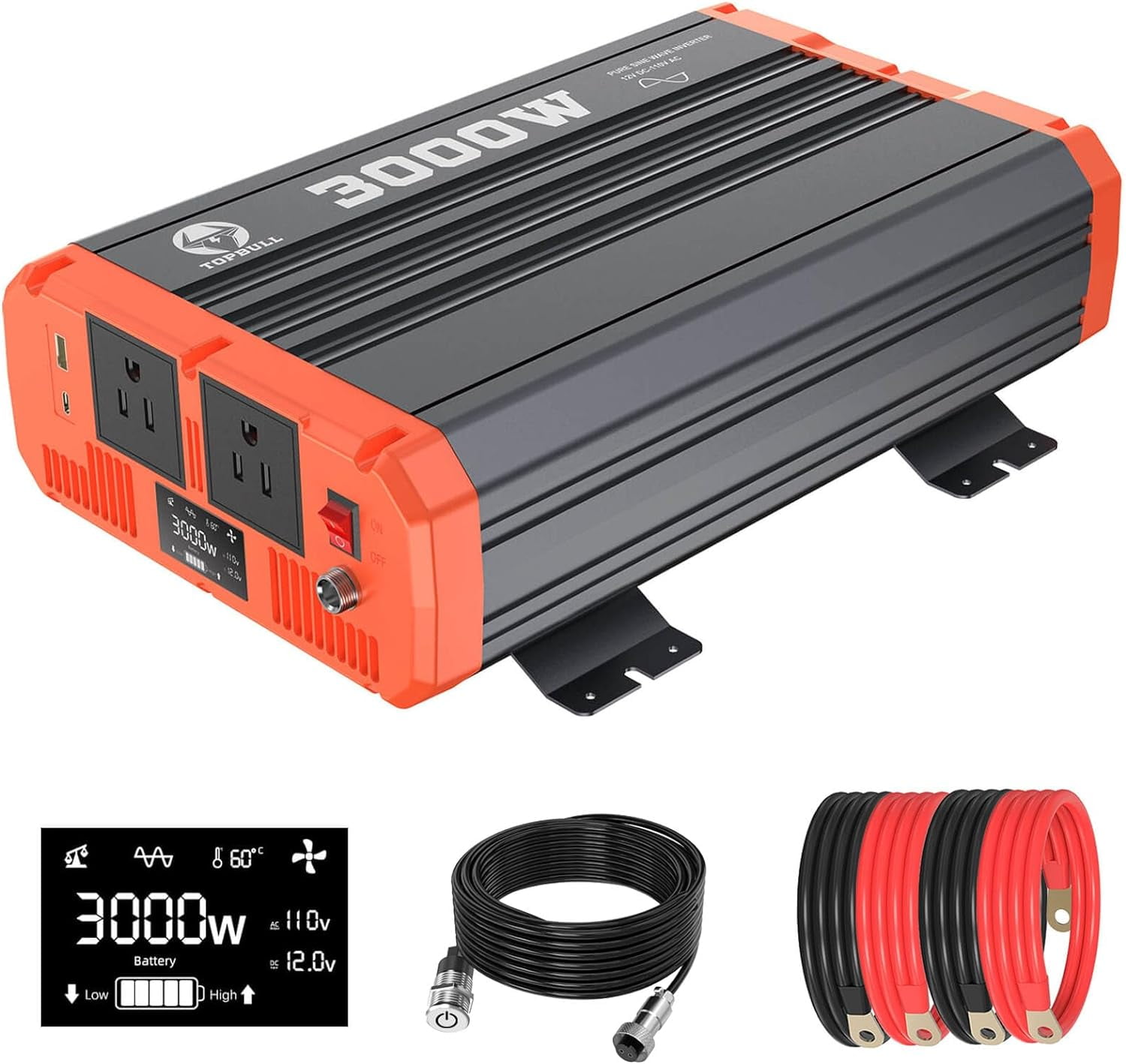 3000 Watt Pure Sine Wave Power Inverter 12V DC to 110V AC Converter for Vehicle/Home/RV/Truck Off-Grid Solar Power Inverter with USB & Type-C Port, Dual AC Outlets and LCD Display, Remote Controller