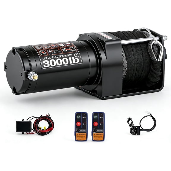 3000 lbs Electric Winch, 12V Synthetic Rope Trailer Winch with Wireless & Wired Remote, Waterproof Recovery Winches for Towing ATV/UTV, Boat, Black