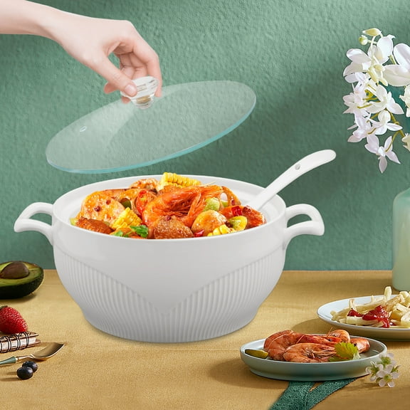 3000 ml Round Ceramic Soup Tureen with Glass Lid Porcelain Serving Soup Tureen for Restaurant, Home