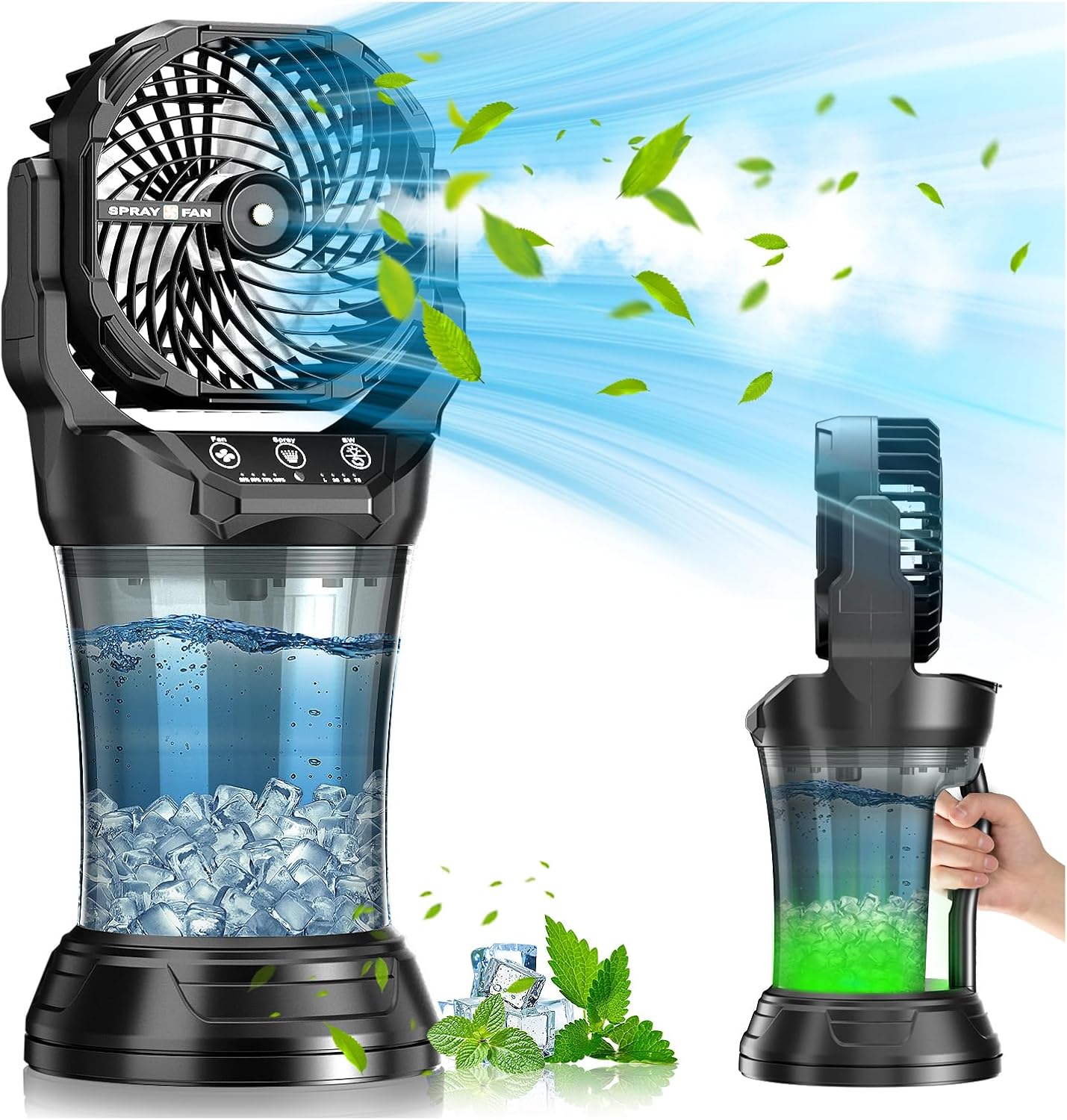 30000 mAh Portable Misting Fan with RGB Ambient Light, 2000 mL Water Tank Bucket Rechargeable Camping Mist Fan with 120 Auto Oscillating Perfect for Patios Fishing Travel Garden Party Golf Tent