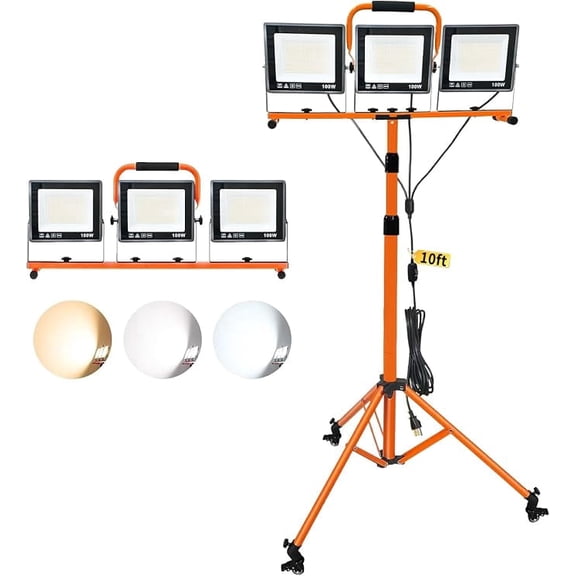 30000LM LED Work Lights with Stand and Wheels - 3 Head Portable Shop Lights with 3000K-6500K, IP66 Waterproof, Tripod Worklights for Outdoor Indoor Job Site Workshop Garage Construction Site Lighting