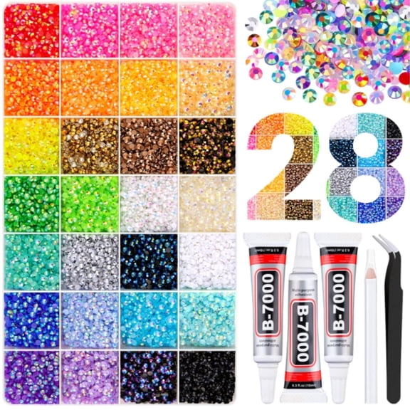 30000Pcs 3MM Multicolor Flatback Resin Rhinestones Bedazzler Kit - With Tweezers & B7000 Glue for DIY Crafts & Nail Art & Clothing & Shoes & Tumblers Bedazzling