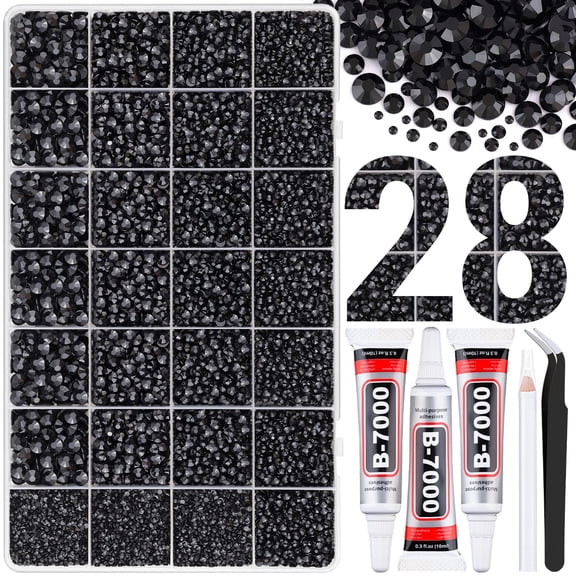 30000Pcs Resin Rhinestones for Bedazzling with Tweezers, Black Rhinestones for Crafting with 3Pcs 10ml B7000 Jewelry Glue for DIY Crafts Clothing Tumblers Shoes Fabric Nail Art