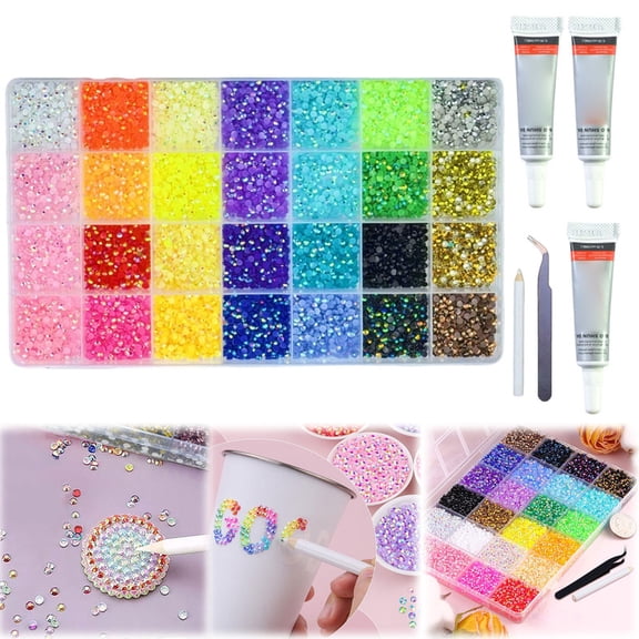30000Pcs Rhinestones Kit, 28 Color Resin Jelly Rhinestones for Bedazzling,3mm Flatback Gems for Crafting, Bedazzling Kit with 3Pcs B7000 Glue + Tweezers + Pen for Clothing Shoes Nail Book Diamond Art