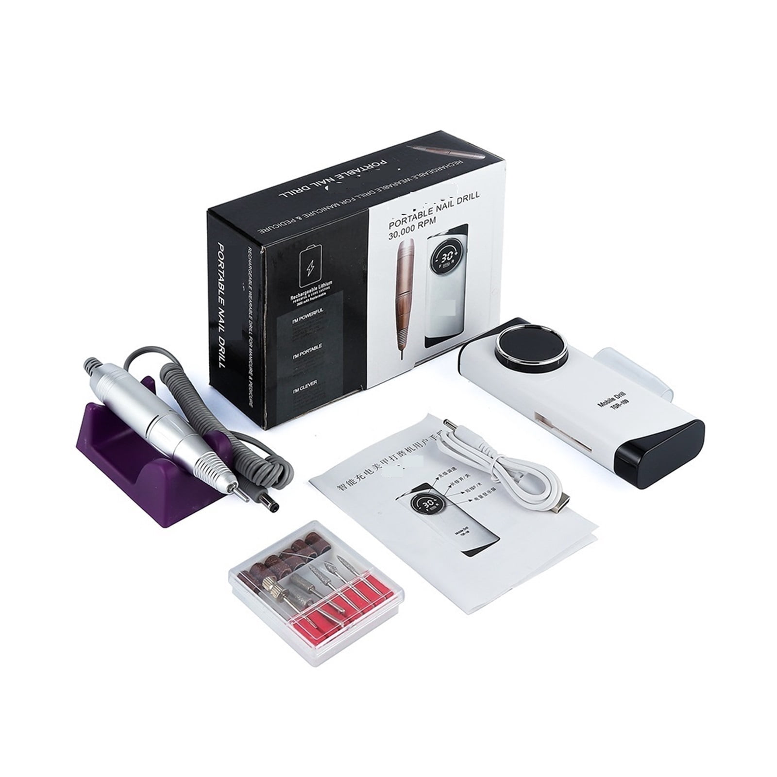 30000RPM Rechargeable Nail Drill Manicure Machine Professional Nail Gel Polishing Remover Cordless Drill Set Nail Art Low Voice ,Low Noise