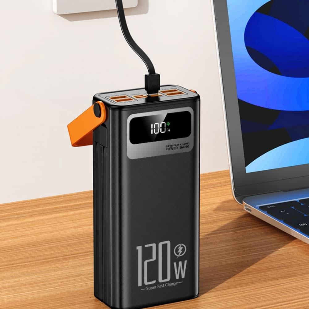 30000mAh 120W Fast Charging Power Bank with Built-in Cables & LED Light - Portable Charger for Phone, Camping, Outdoor Emergency Battery Pack