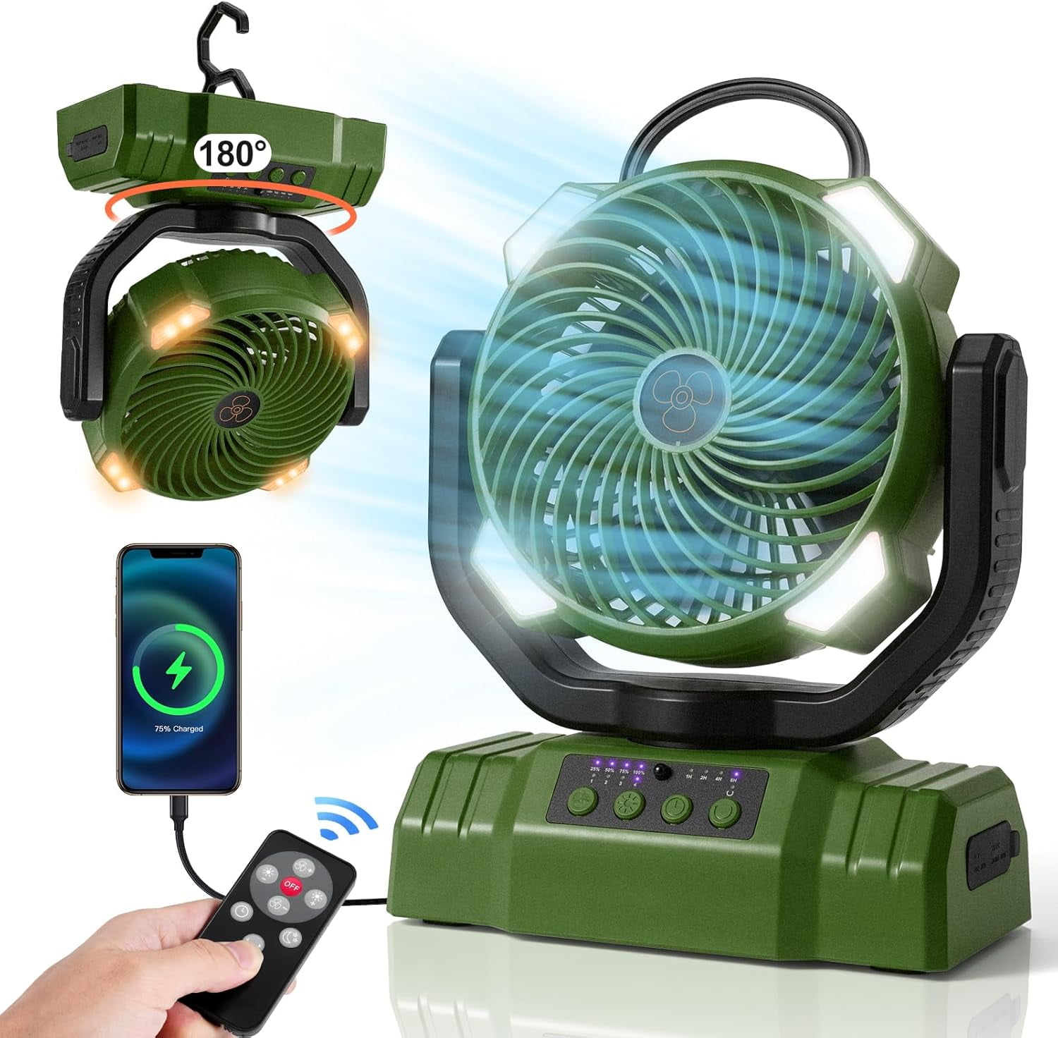 30000mAh Camping Fan with LED Lantern, Rechargeable Battery Operated Oscillating Fan with Remote & Hook, Portable Tent Fan with Timer, 4 Speeds for Outdoor Camp RV Jobsite Power Outage, Green