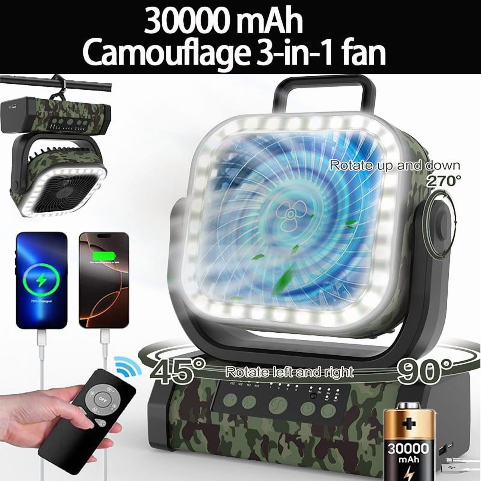 30000mAh Rechargeable Camping Fan with LED Lights, Portable Multifunctional with 360° Swivel Hook, Lasts up to 96 Hours for Outdoor Travel, Tenting, Home Power Outage