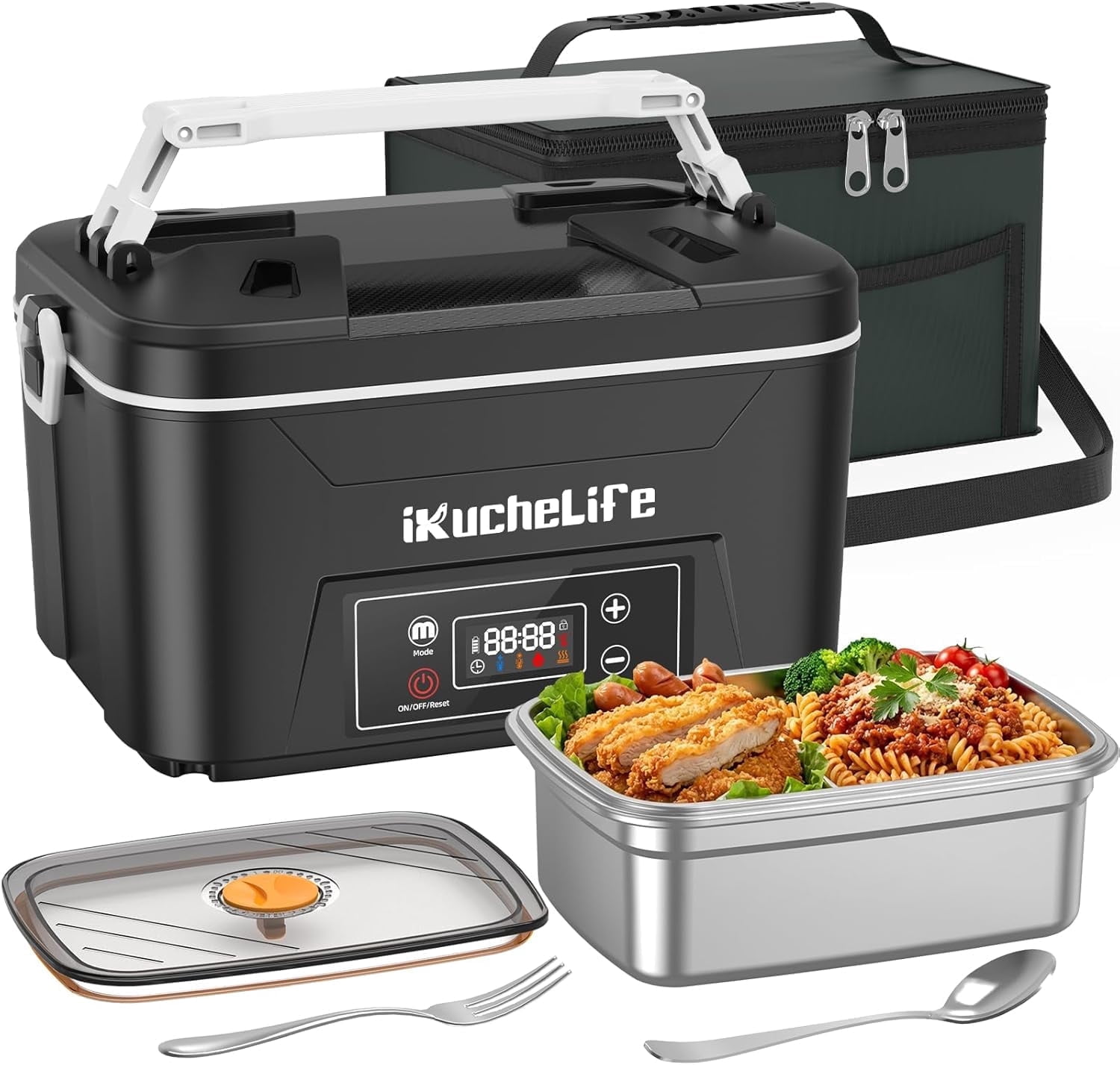 30000mAh Rechargeable Heated Lunch Box – 1.2L Stainless Steel Electric Food Warmer, Smart Heating Portable Lunchbox with Container for Office, Camping, Travel & Work