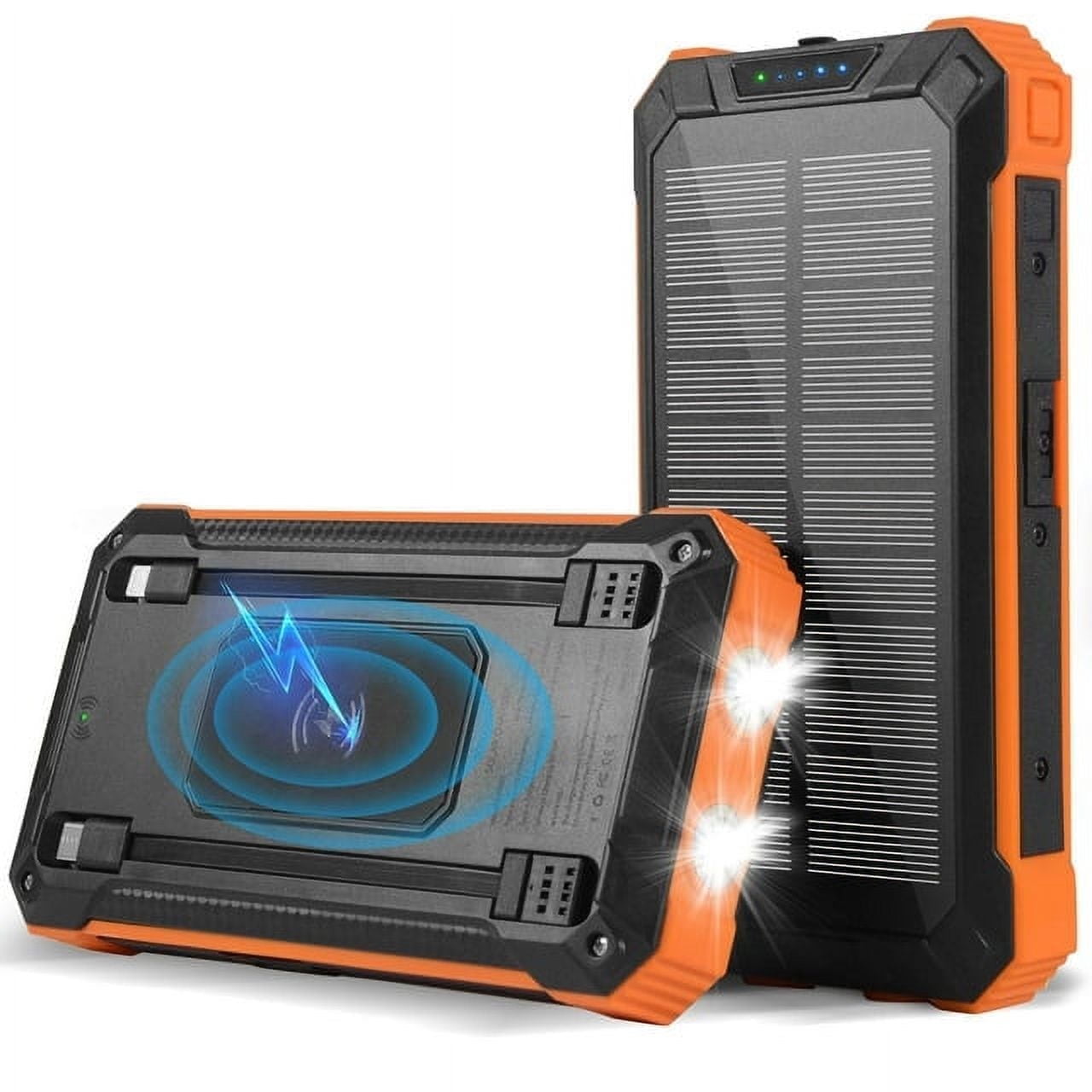 30000mAh Solar Charger for Cell Phone iPhone, Wireless Solar Power Bank, with 2 Built-in Cables Portable Charger with Dual 5V Ports for Outdoor Camping Hiking (Orange)
