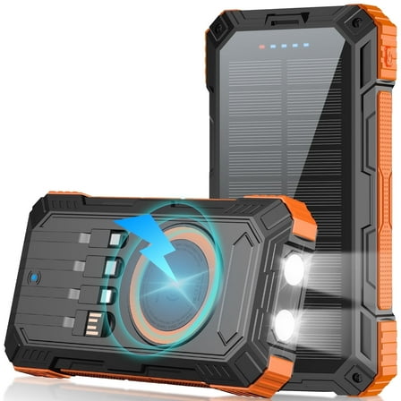 SOLPOWBEN 49800mAh Solar Charger Power Bank for iphone android Solar Power Bank Wireless Charger and 4 Built-in Cables,Dual Flashlights Battery Pack for Outdoor Camping Hiking (Orange)