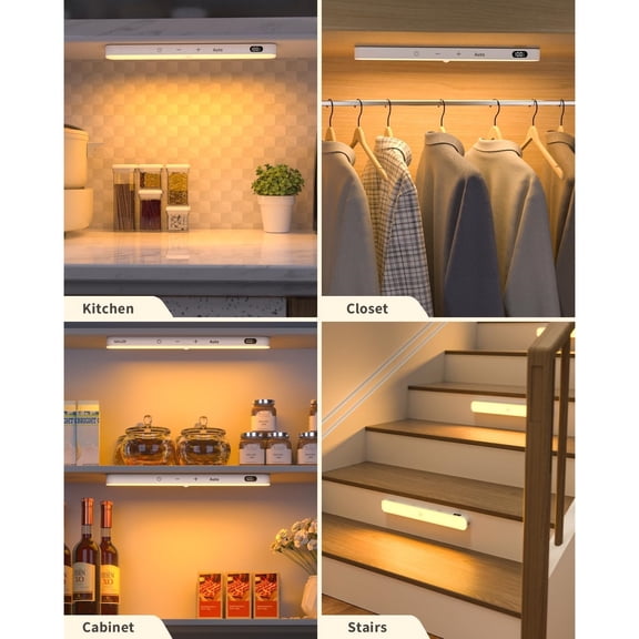 3000K Closet Lights Motion Sensored, Battery Display, 60 LED Touch Light Bar, Motion Sensor Light Indoor, Under Cabinet Lights Rechargeable, Stick on Light for Closet, Kitchen, Hallway, 4 Pack