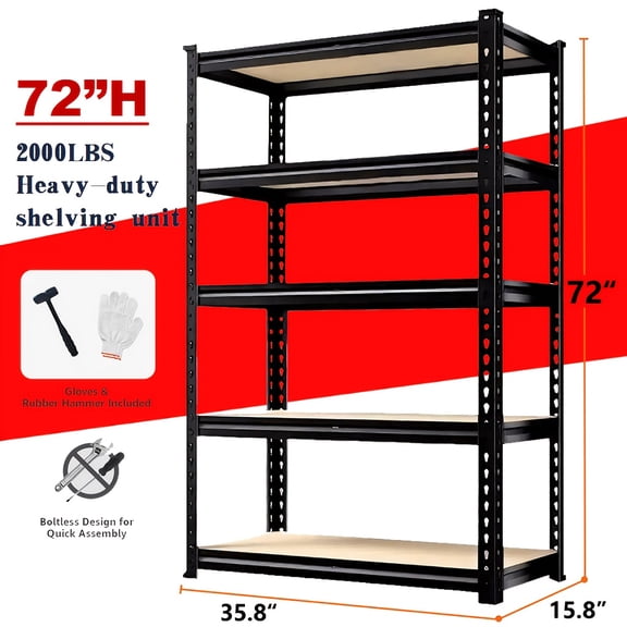 3000LBS Heavy Duty Garage Storage Rack, 72in 5-Tier Adjustable Metal Shelving, Reinforced Frame & Open Grid Design, 10-Min Quick Assembly, for Garage Basement Warehouse